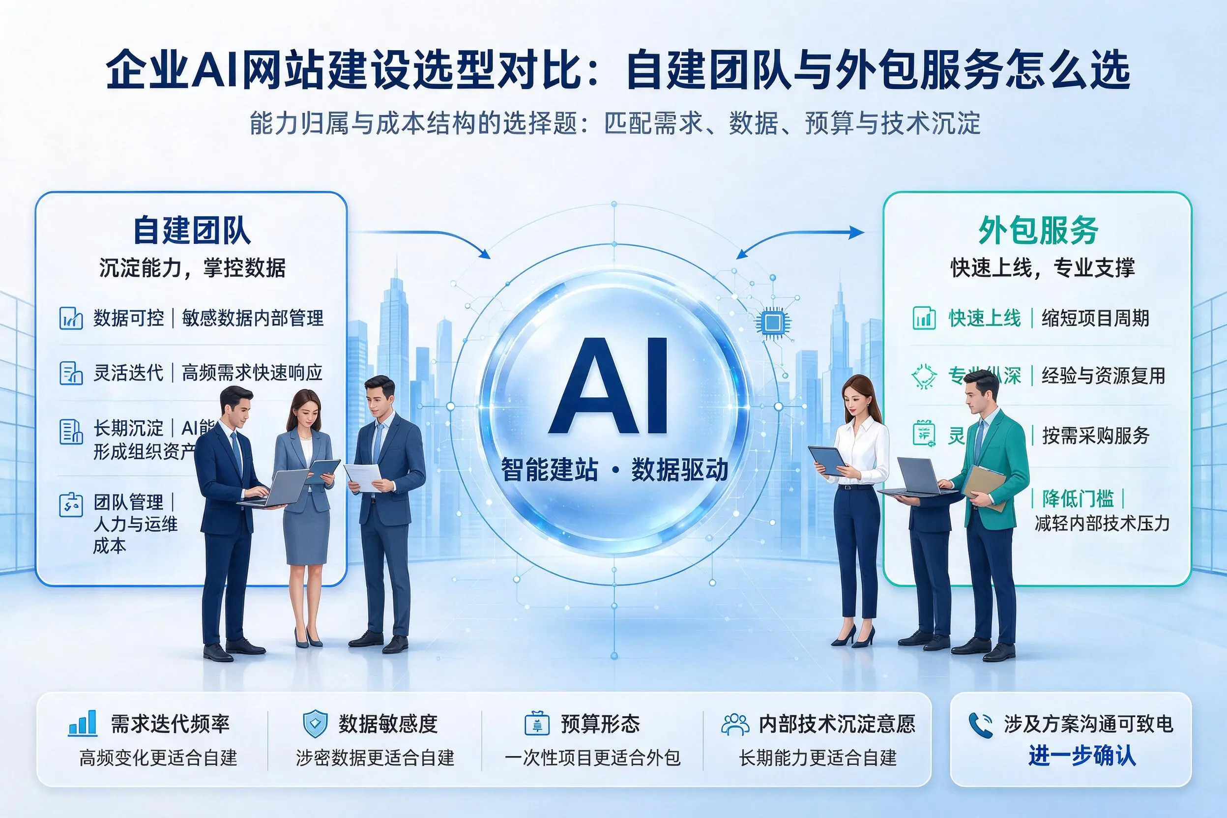 济源企业AI网站建设选型对比：自建团队与外包服务怎么选